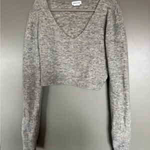 Lovers + Friends Heather Gray Deep V-Neck Wool Blend Cropped Sweater